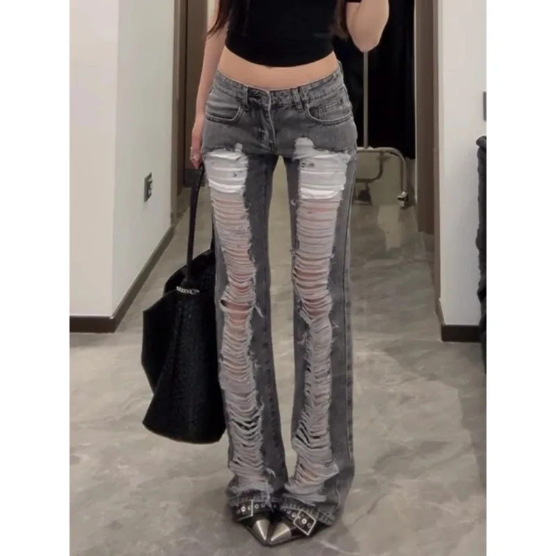 Jean slim déchiré gris pour femmes, pantalon en Denim Vintage Y2k Harajuku, Style japonais des années 2000, Emo, surdimensionné, pantalons longs, vêtements