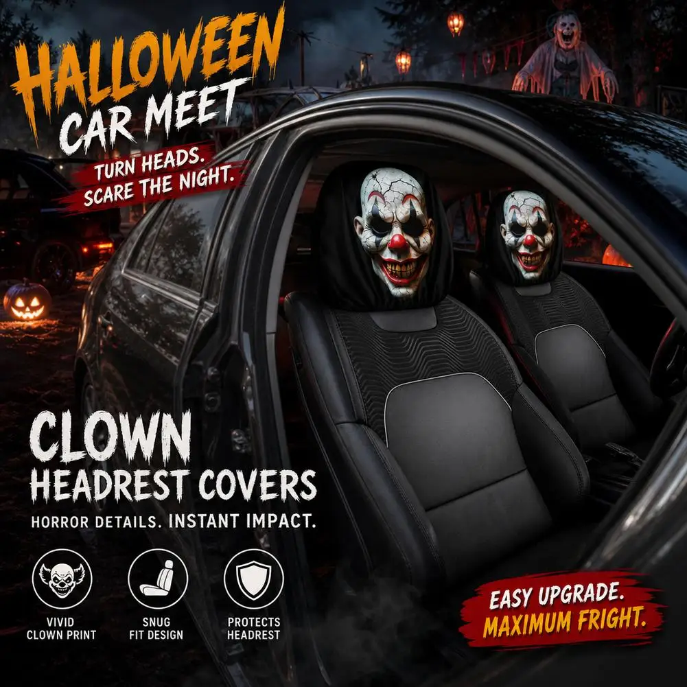 2pcs Halloween Car Headrest Covers Scary Clown Head Rest Protectors Double Sided Printed Elastic Seat Headrest Slipcover Decor