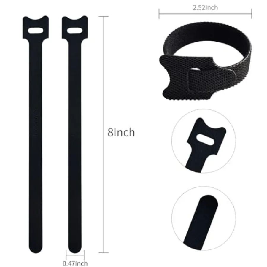 60 PCS 8 Inch Black Reusable Cable Ties, Multi-purpose Adjustable Cord Straps, Cable Organizer, Cord Wrap and Hook Loop Cords M