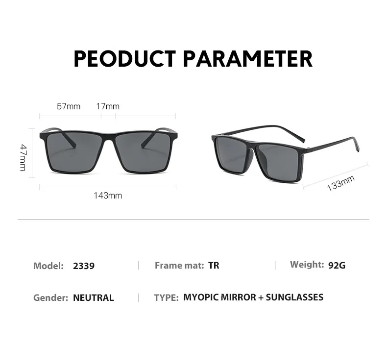 VCKA Großen Platz Myopie Sonnenbrille Männer Polarisierte 6 In 1 Frauen Optische Magnetische Clip auf Brillen Rahmen-0,5 ZU-10 – Detail 6