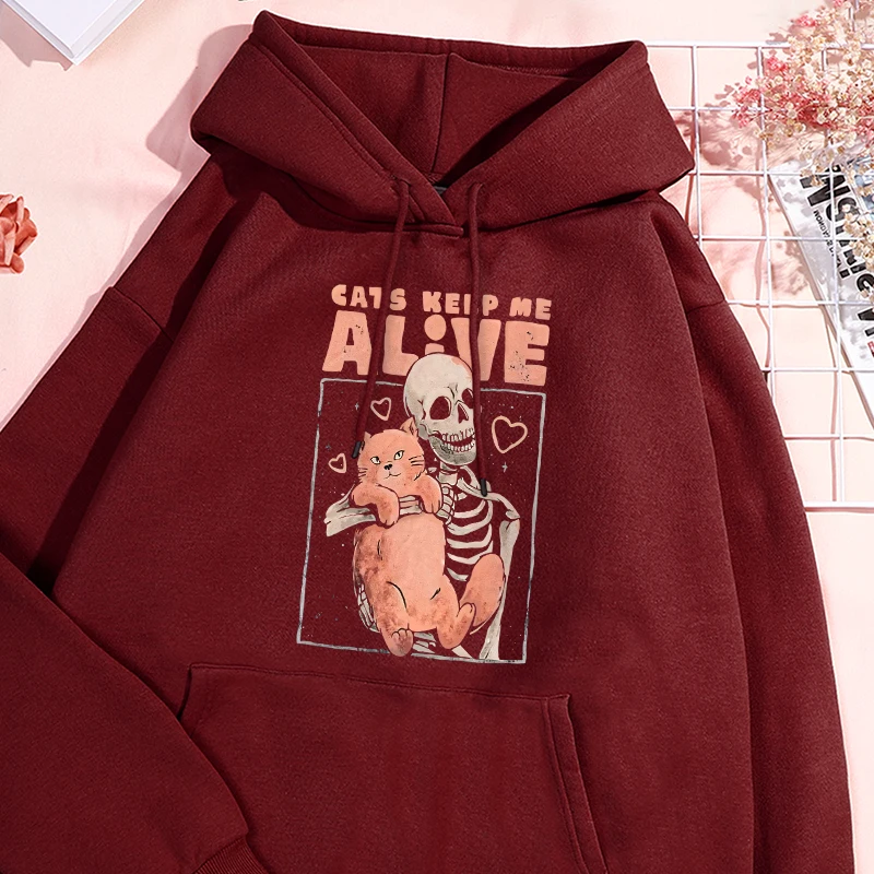 Cats Keep Me Alive Printing Sweatshirts Man Autumn Warm Pocket Hoodies Casual Loose Hoodie Fashion Fleece Comfortable Clothes