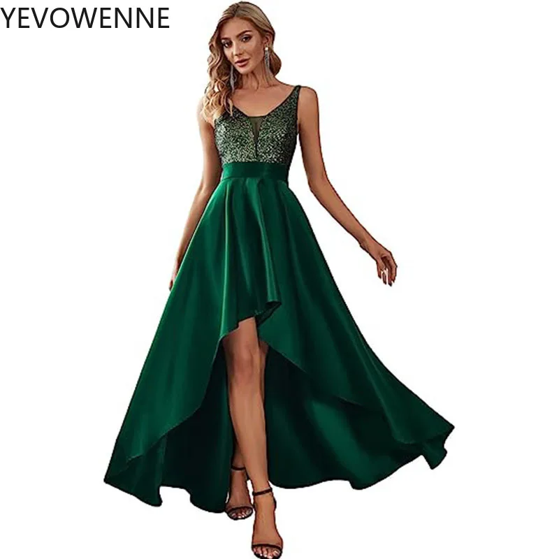 High Low Sequins Long Prom Dress Sleeveless V Neck Evening Dresses Sexy Fashion Long Party Dress