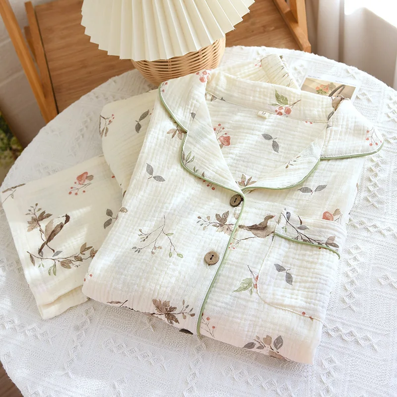 

2025 Новый весенне-осенний женский пижамный комплект из 100% хлопка, креп, длинные брюки с длинными рукавами, комплект из двух предметов, свободная увеличенная домашняя одежда