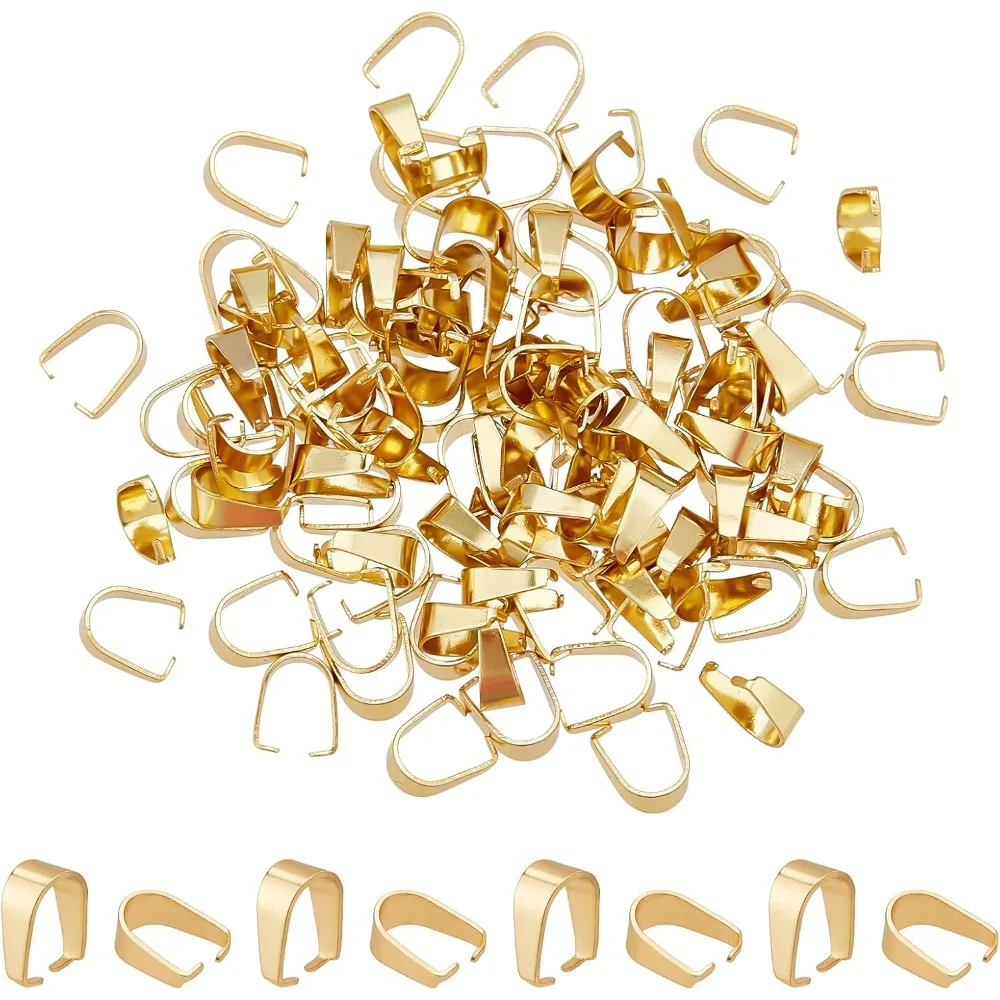 120 Pcs 304 Stainless Steel Snap on Bails 18K Golden Pendant Connector Clasps Pinch Clip Dangle Pendant Bails for DIY