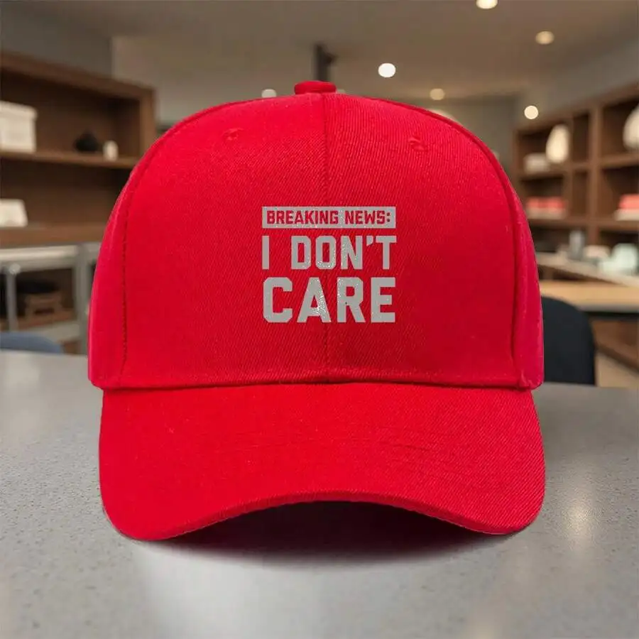 

Red Adjustable Baseball Cap With Printed Breaking News: I Dont Care Text