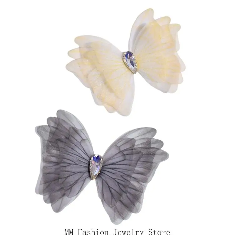 

D0UB 10PCS Crystal Teardrop Tulle Butterfly Embellishments Applique for Craft Project and Hair Clip Clothing Accessories