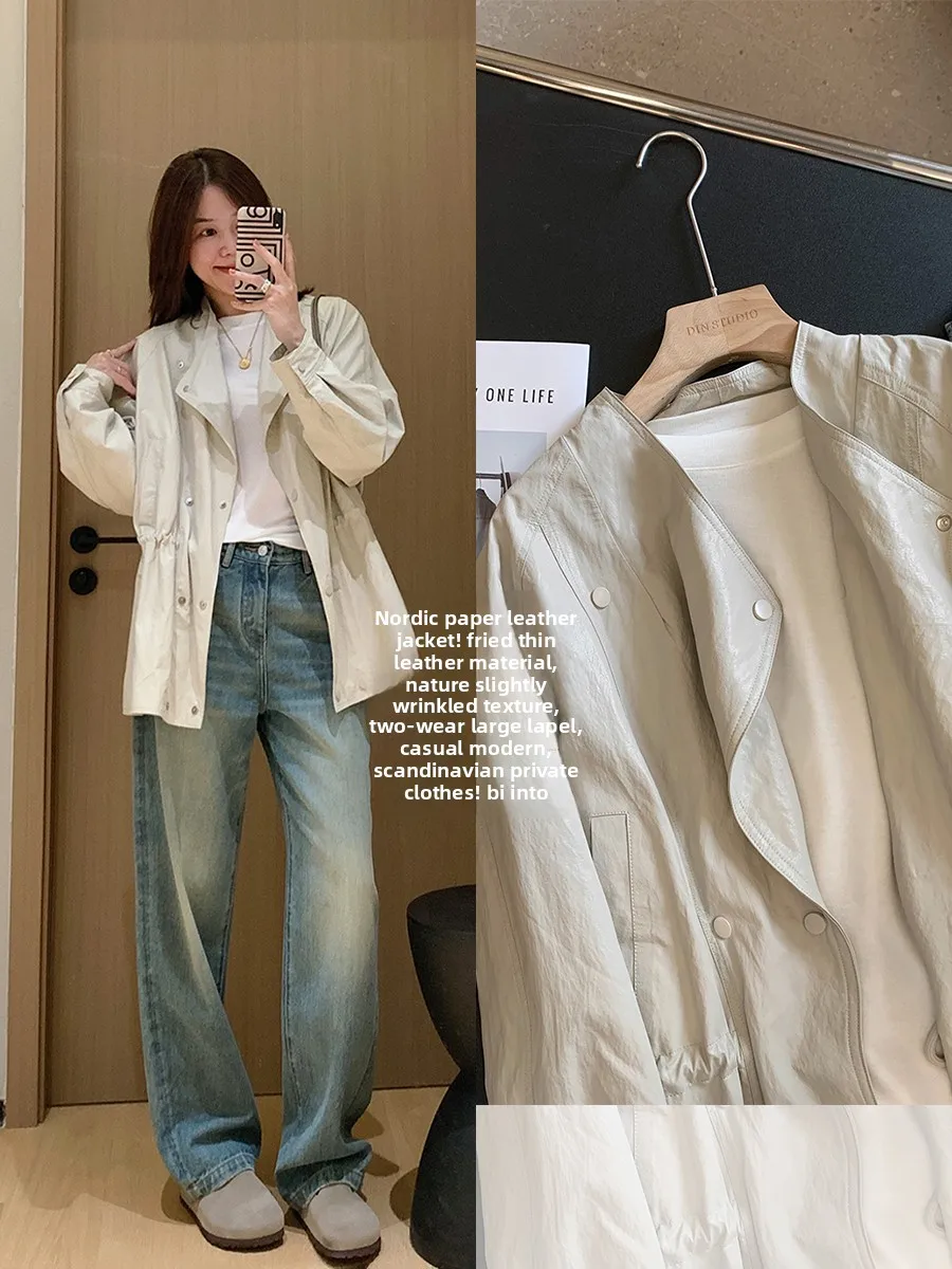 

Nordic Sle Women's Biker Jaet Thin Creased Faux Leather Waist-Cinching Lapel Spring Faion Outerwear ort Coat