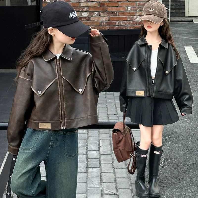 Fashion Teen Girls Motorcycle Leather Jacket Casual Lapel PU outerwear Child Clothing Black Brown kids Spring Autumn coat 4-14Y