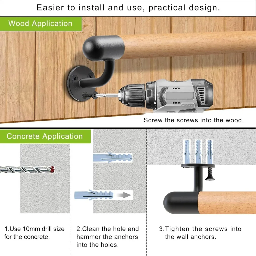 درابزين درج داخلي بطول 3-10 أقدام، مثبت على الحائط الخشبي، دعامات معدنية، قبضة مريحة غير قابلة للانزلاق، أمان ودعم للسلالم #6