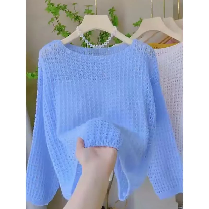 

Ladies Thin Hollow out Knitted Cover up Spring Summer New Sle Loose Korean Faion Long Sve Sun Protection Top