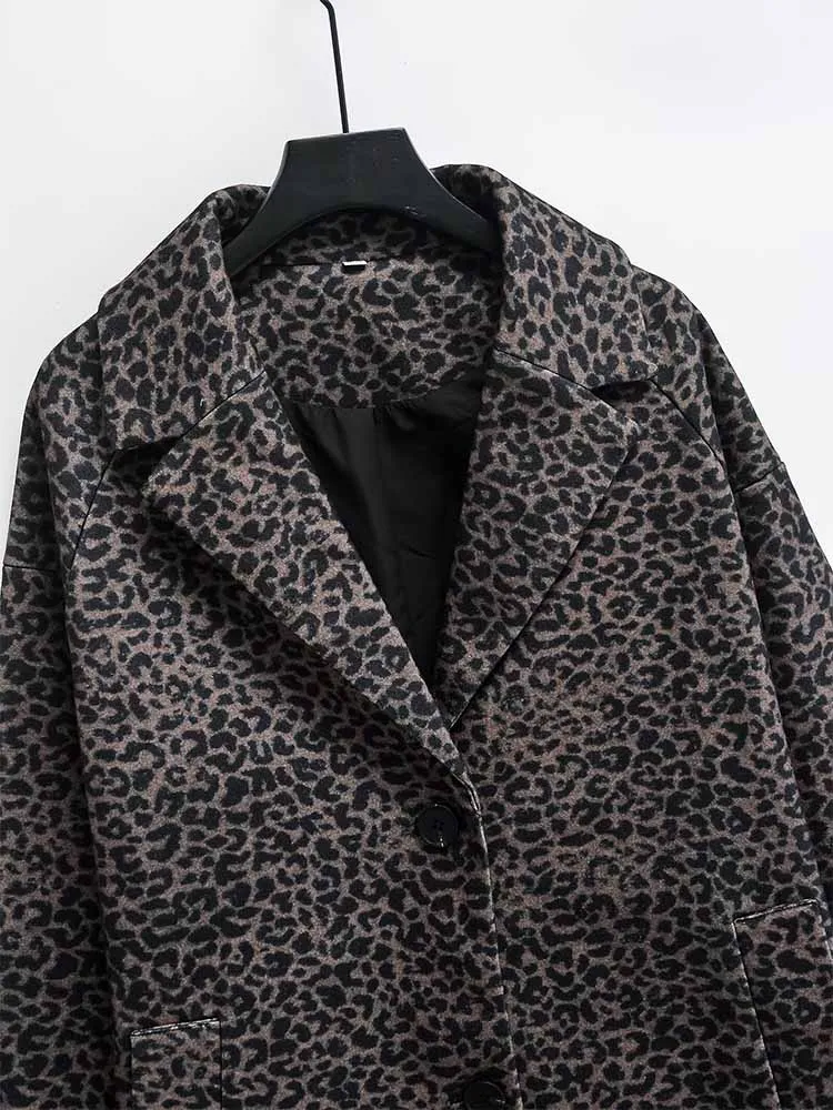 2024 europeo e americano autunno e inverno nuova moda abbigliamento donna giacca cappotto con stampa leopardata in misto lana testurizzata