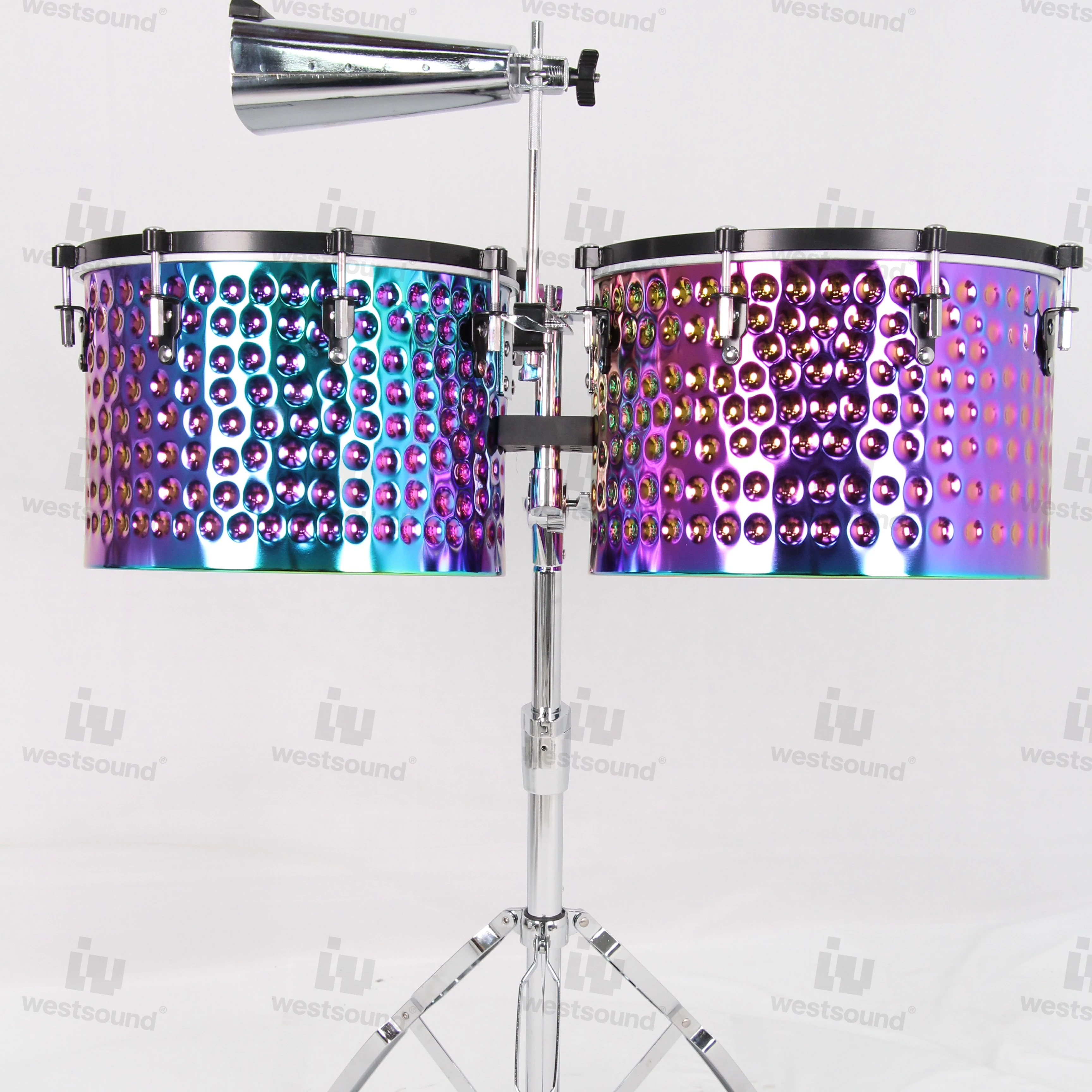 Campana de vaca personalizada, nuevo estilo, Timbales de Metal, mano de perforación, diseño colorido azul púrpura para accesorios de tambor