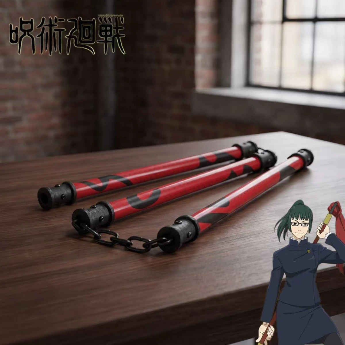 40cm Wood Jujutsu Kaisen Maki Zenin Three Section Staff Red Black Pattern Chain Connected Anime Cosplay Blunt Desktop Collectible Decor Gift