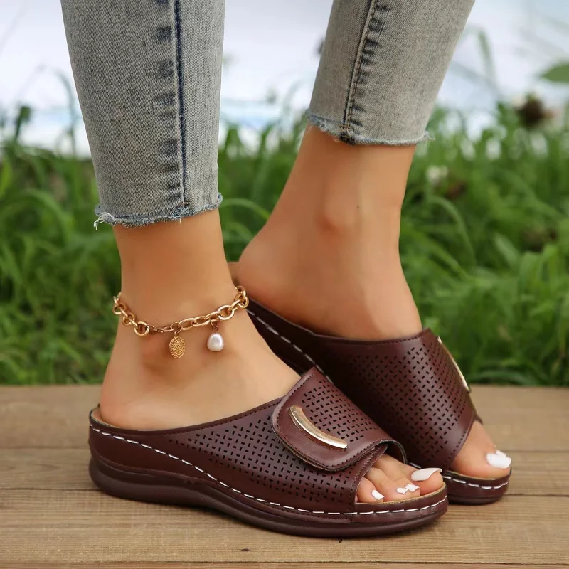 

Retro Thick Sole Wedge Slippers Women 2023 Summer Pu Leather Platform Sandals Woman Plus Size 43 Non Slip Beach Shoes Flip Flops
