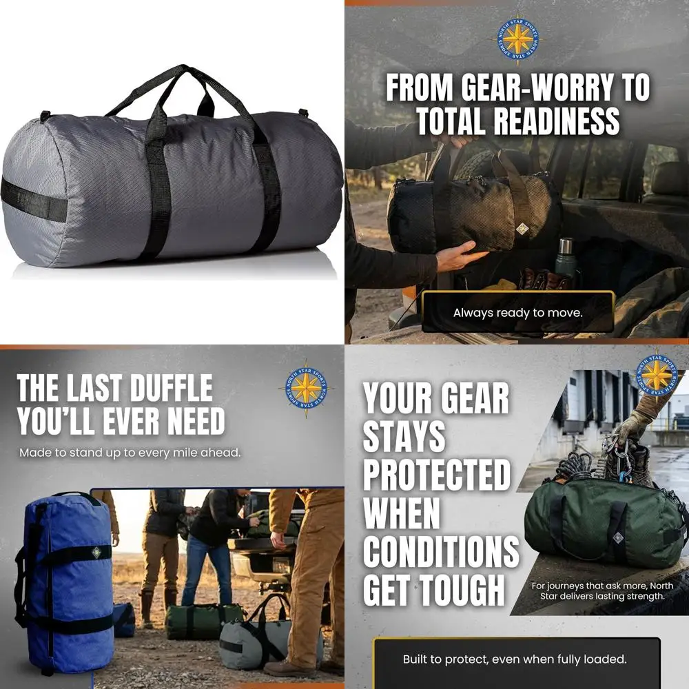 

Large Ripstop Duffel Bag, Durable and Tear-Resistant, Reinforced Stitching, Weatherproof, Packable for Travel, 75L Capacity, Gre