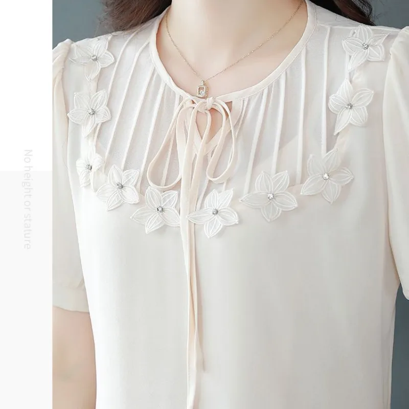 Summer Solid Color Women\'s Pullover Drawstring Round Neck Gauze Short Sleeve Chiffon Tie Flowers T-shirt Casual Elegant Tops