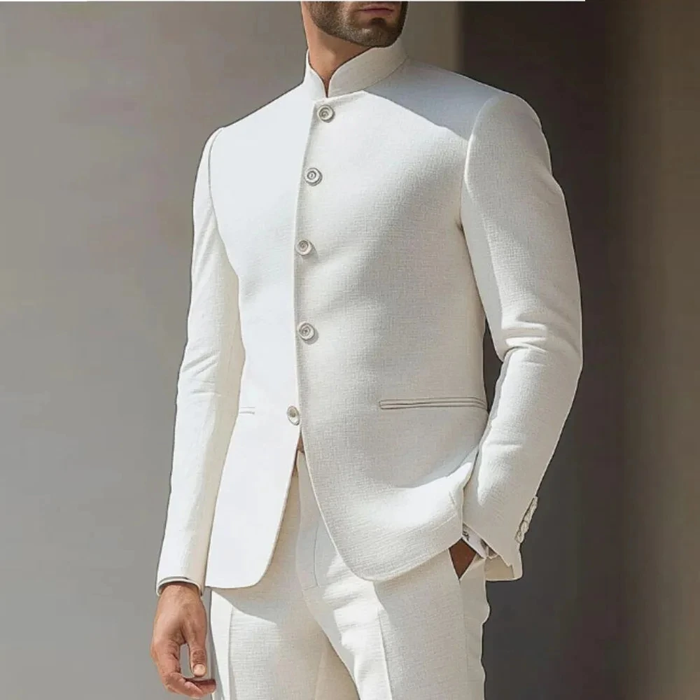 

Fashion Men Suits 2 Pieces Single Breasted Stand Collar Formal Jacket Pant Wedding Groom Prom Outfits Custom Male Clothing