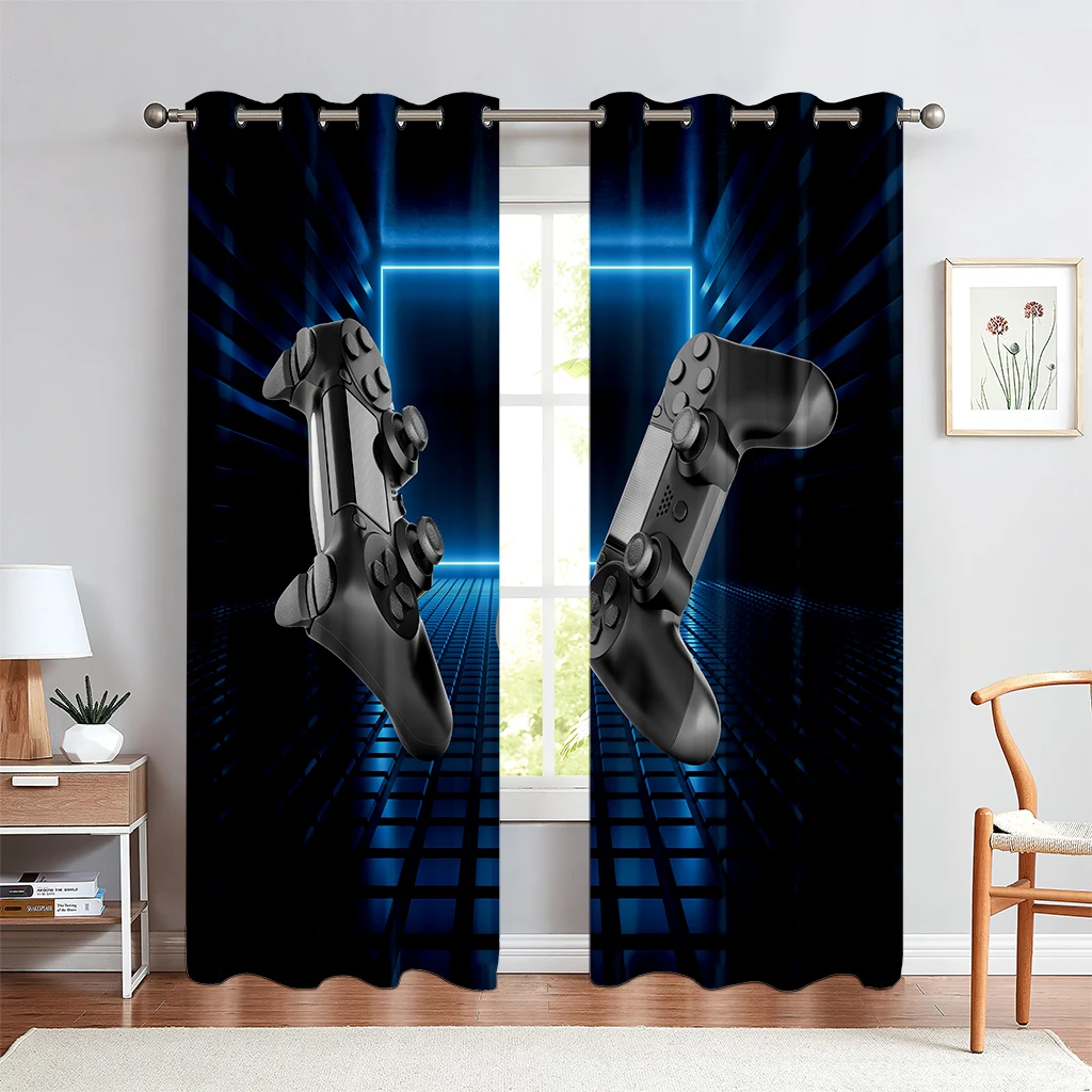 2PCS Technology Sense Game Controller Printed Curtains, Semi-Blackout, Living Room Bedroom Game Room Decorative Curtains