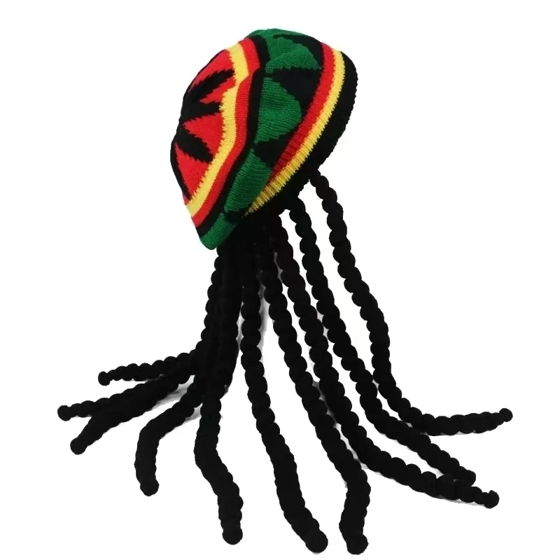 New Unisex Knitted Braid Hat Jamaican Bob Rasta Beanie Hats Hip Hop Cap Dreadlocks Wig Bob Marley Caribbean Fancy Dress Hat view 4
