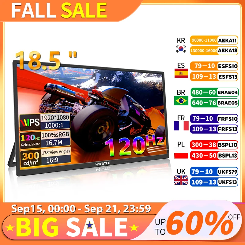 

HGFRTEE 18,5 "Full HD портативный монитор компьютерный игровой дисплей 120 Гц 100% sRGB с двумя динамиками VESA для ПК, ноутбука, Xbox Switch