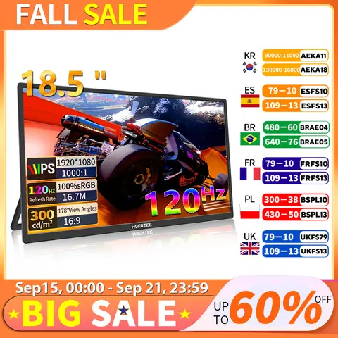 HGFRTEE 18.5 풀 HD 휴대용 모니터 컴퓨터 게임 디스플레이 120Hz 100%sRGB 듀얼 스피커 VESA PC 노트북 Xbox 스위치 HGFRTEE 18.5 풀 HD 휴대용 모니터 컴퓨터 게임 디스플레이 120Hz 100%sRGB 듀얼 스피커 VESA PC 노트북 Xbox 스위치