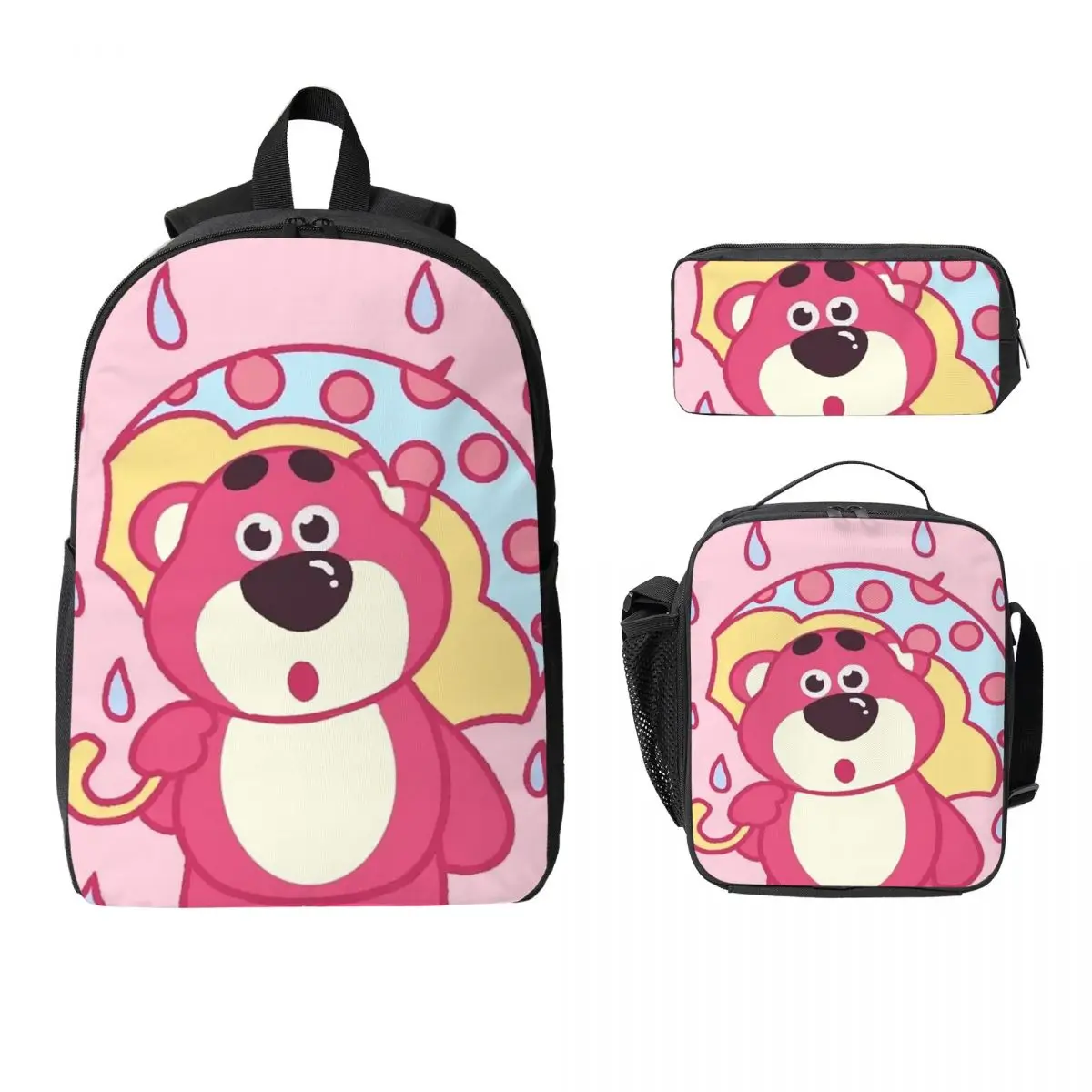 

Lotso Huggin-Strawberry Bear Backpack Student BookBag School Bag Computer Shoulder Bags 3ps Insulated Lunch Bag Pencil Case