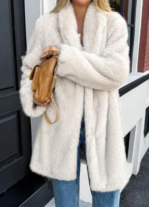 2025年秋冬 エレガントなプラッシュロングスリーブコート レディース服