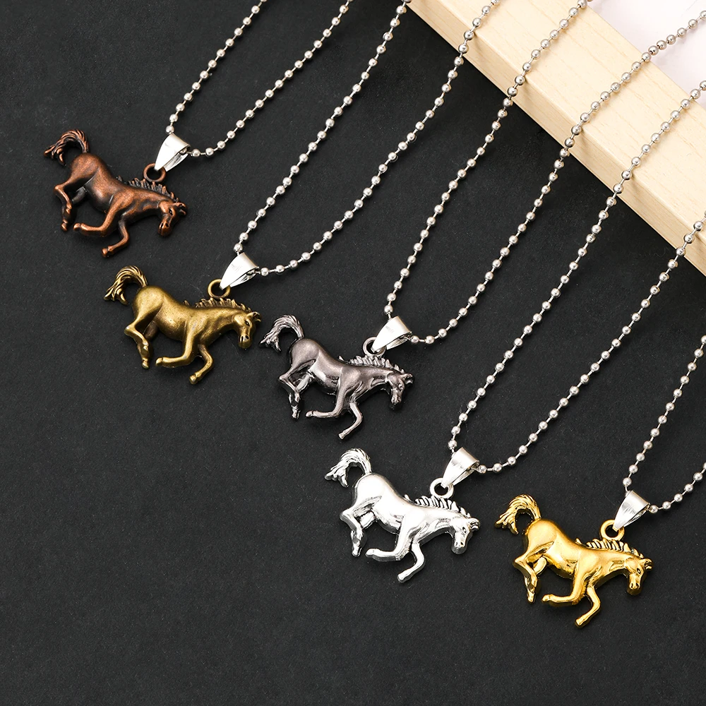 Vintage Running Horse Necklace Antique Silver Bronze Gold Plated 3D Gallop Stallion Pendant Bead Chain Western Animal Jewelry