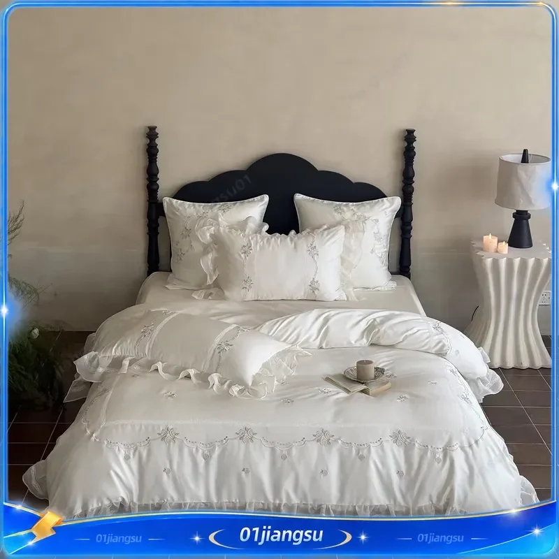 Romantic White Double Sided Embroidered Bedding Set Queen King Size Duvet Cover Soft Cotton Bed Linen For Girls Women Home