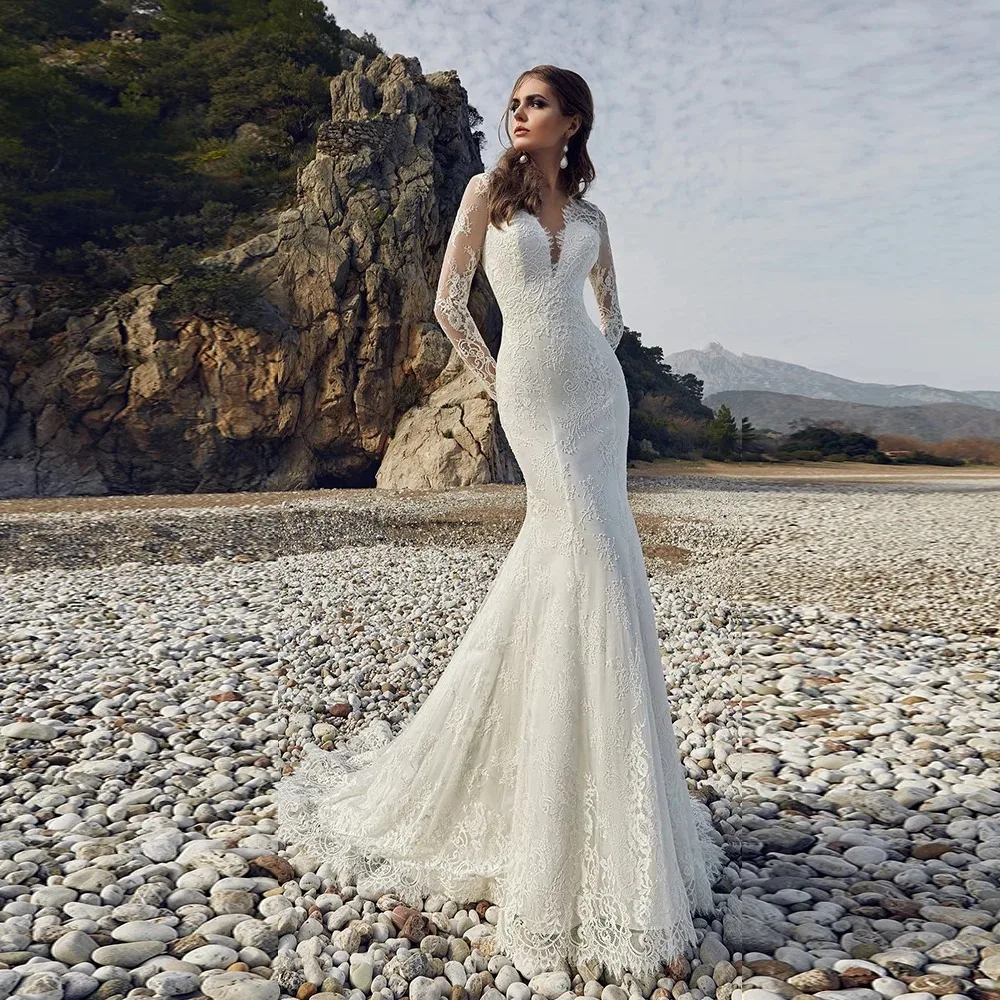 Personalizado 2026 feminino manga longa rendas sereia vestidos de casamento novia sirena renda sexy aberto volta vestidos elegantes