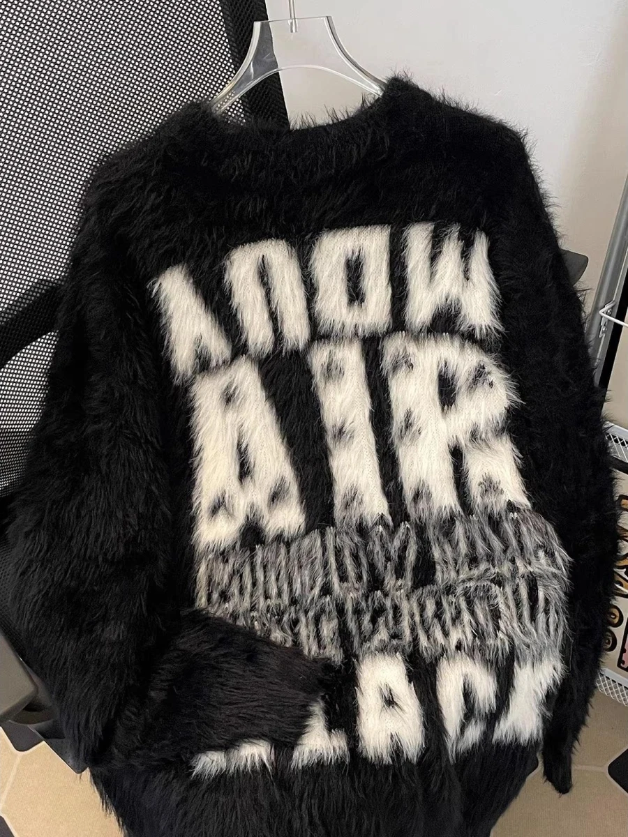 

American Sle Letter Embroidery Mink Knitwear round Ne Loose Fit Couples Faion Brand Knitted Base irt for Men And Women