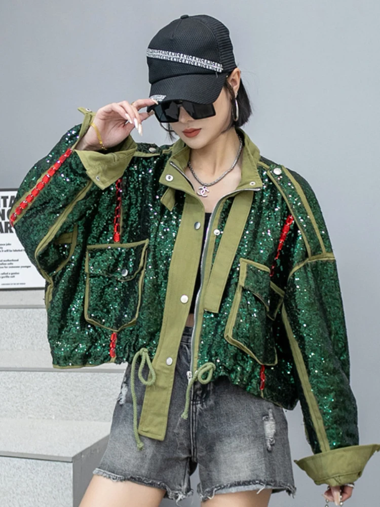 

Vintage Streetwear Short Jacket Women's 2023 Autumn New High Quality Army Green Sequin Embroidered Punk Fashion Workwear Coat