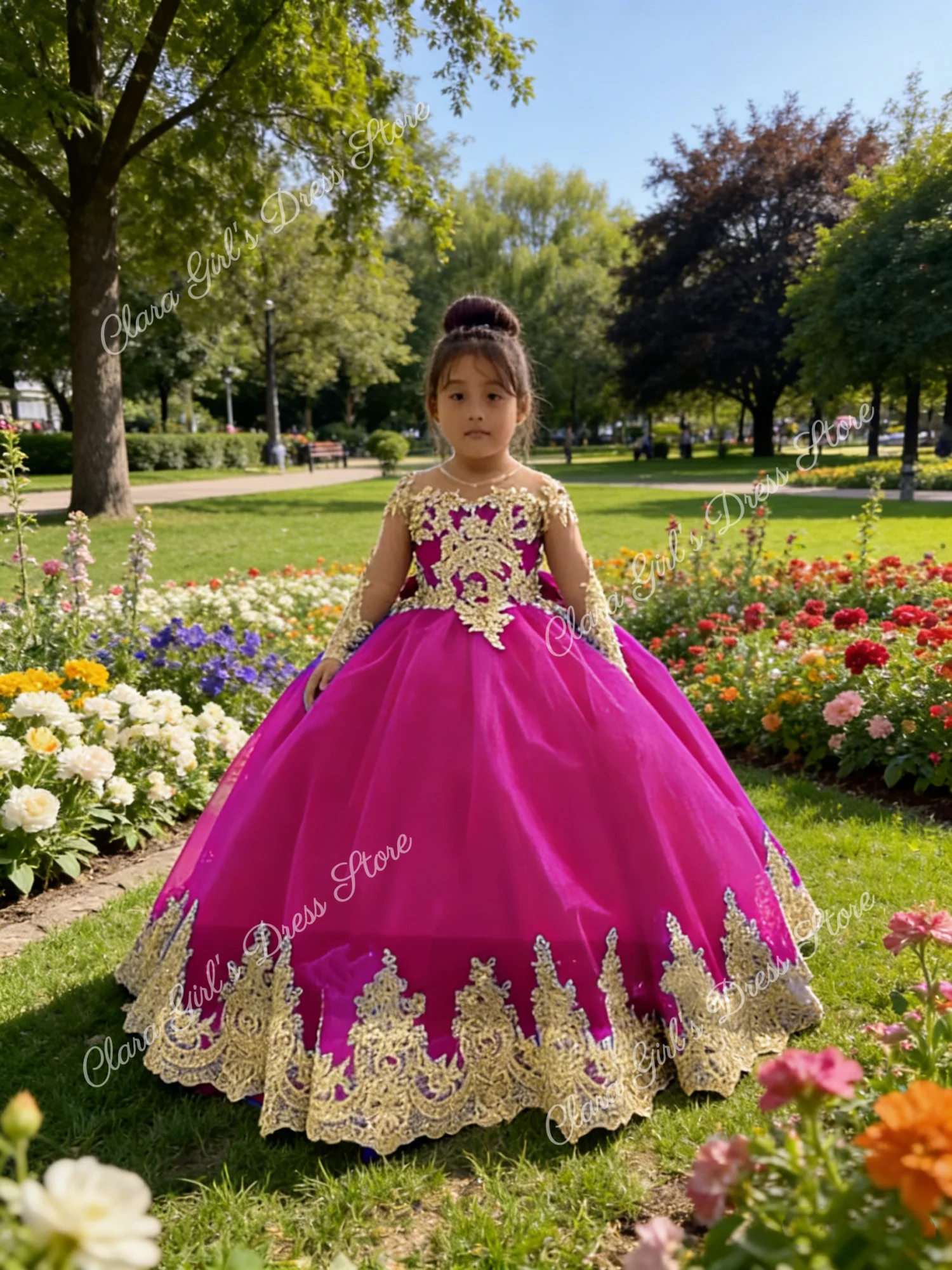 Gouden appliqué koningsblauwe bloemenmeisjesjurk met lange mouwen en strik Geschikt voor schoonheidswedstrijden, bruiloften, eerste communie