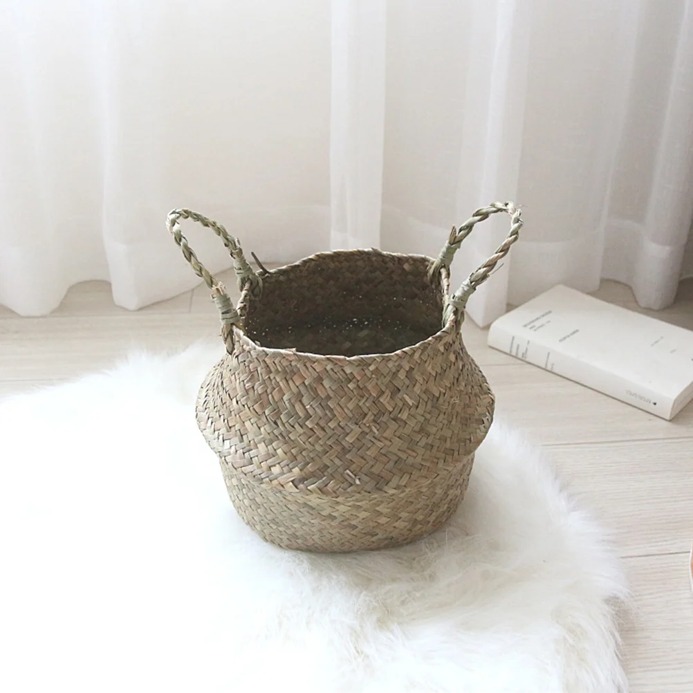 

Nordic Style S Size Handmade Seaweed Rattan Basket Dual Handle Storage Flower Planter Wicker Basket for Bathroom Office Space
