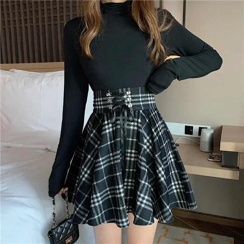 Lace Up High Waist Harajuku All-match School Preppy Mini Skirts for Girls Y2K Skirt Women 2025 Korean Fashion Woolen Plaid Skirt