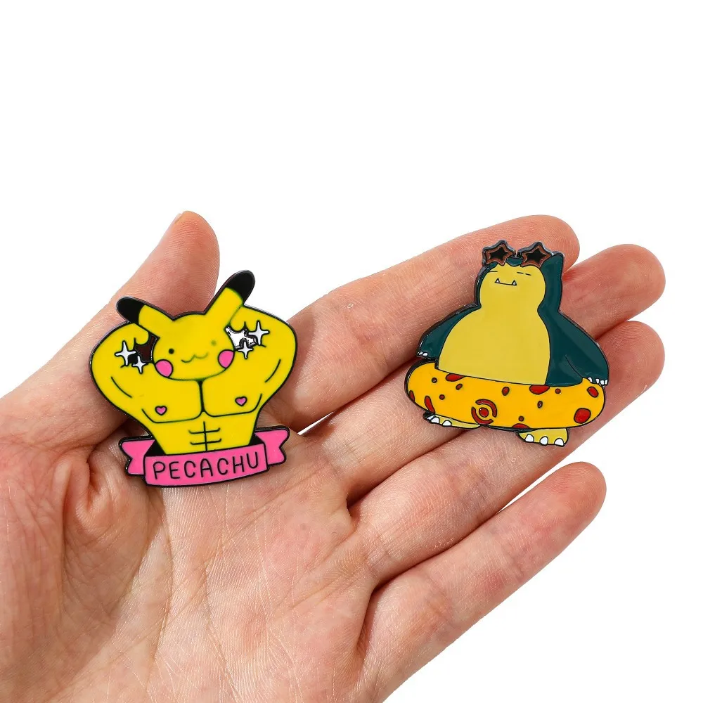 2Pcs Funny Anime Enamel Pins Elf and Snorlax Metal Brooch Cartoon Badge for Backpack Hat Clothing Decoration