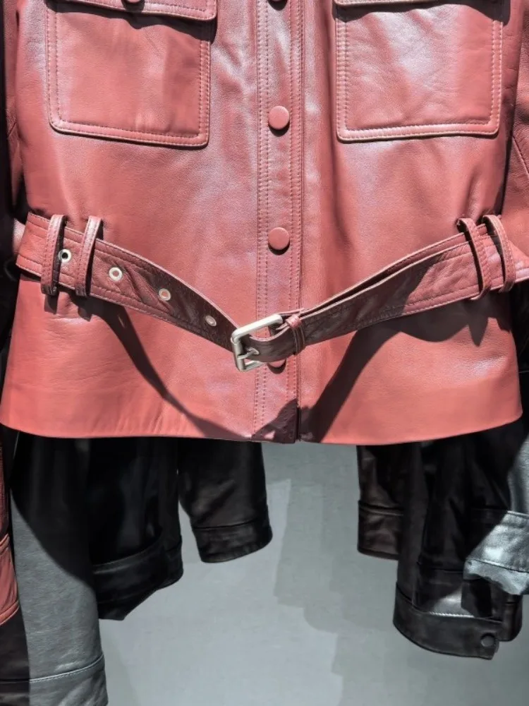 مكتب أنثى جلد طبيعي طويل الأكمام بلون التلبيب سترة قصيرة واحدة الصدر جيب الزنانير معطف فضفاض من جلد الغنم