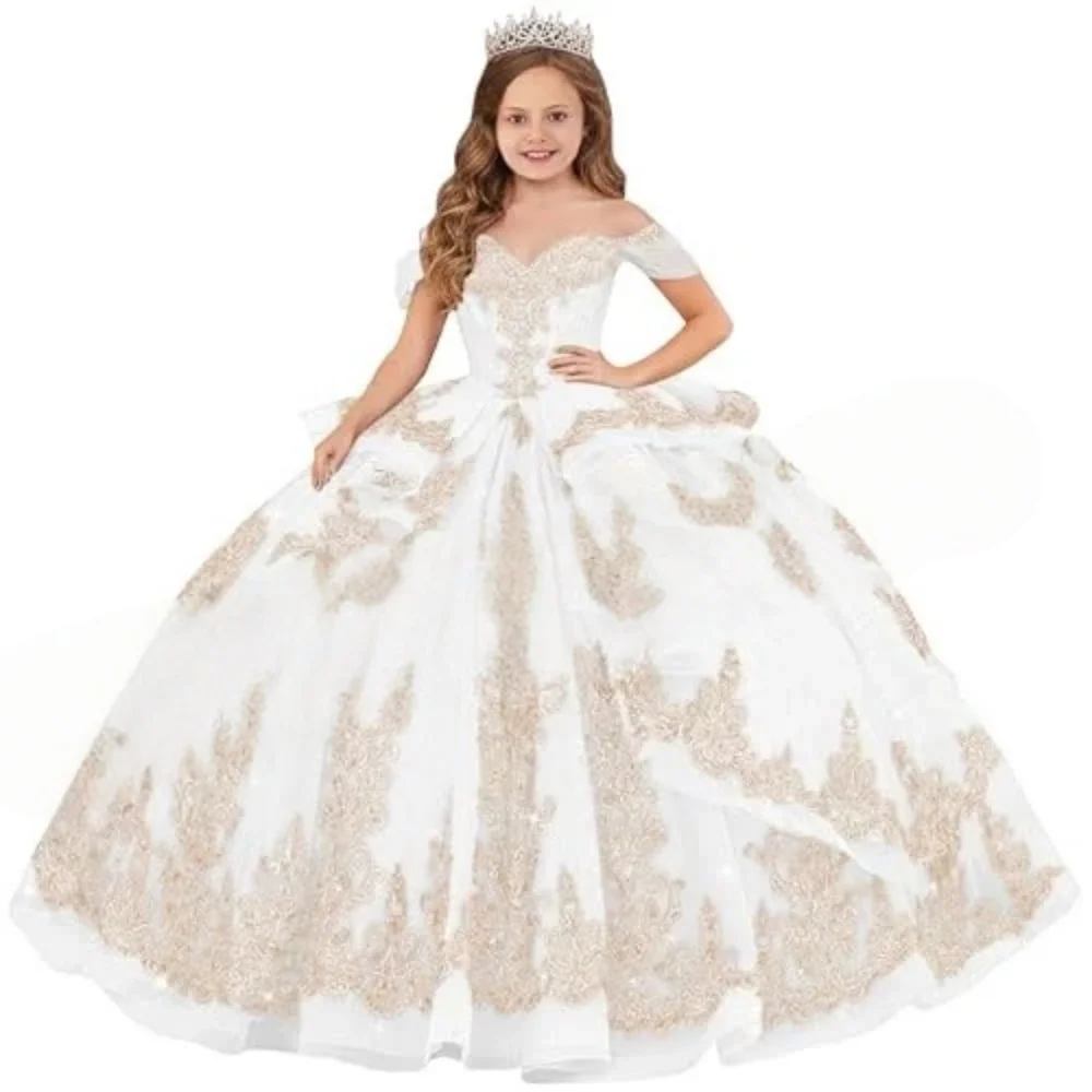 Custom Girls Luxury Off Shoulder Lace Tulle Ball Gown Flower Girl Dress Wedding Party Gown Birthday Party Pageant Runway Dress