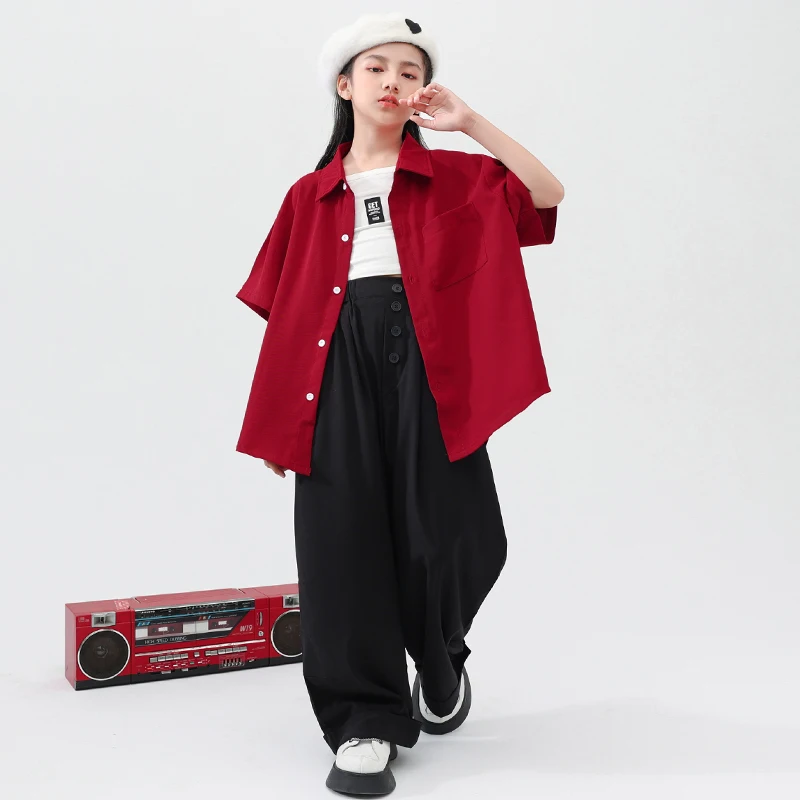 Pantalon baggy pour filles, olympiques de danse jazz, vêtements hip hop pour enfants, chemise rouge pour adolescent, haut précieux, rue décontractée, vêtements rouges