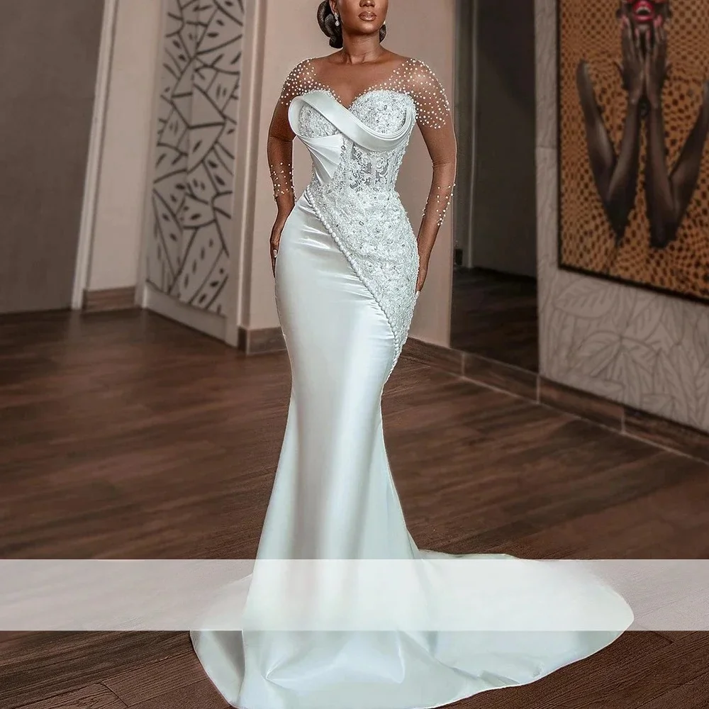 Abiti da sposa a sirena in raso africano per la sposa collo trasparente Appliques a maniche lunghe che borda abiti da sposa civili da donna di campagna da giardino