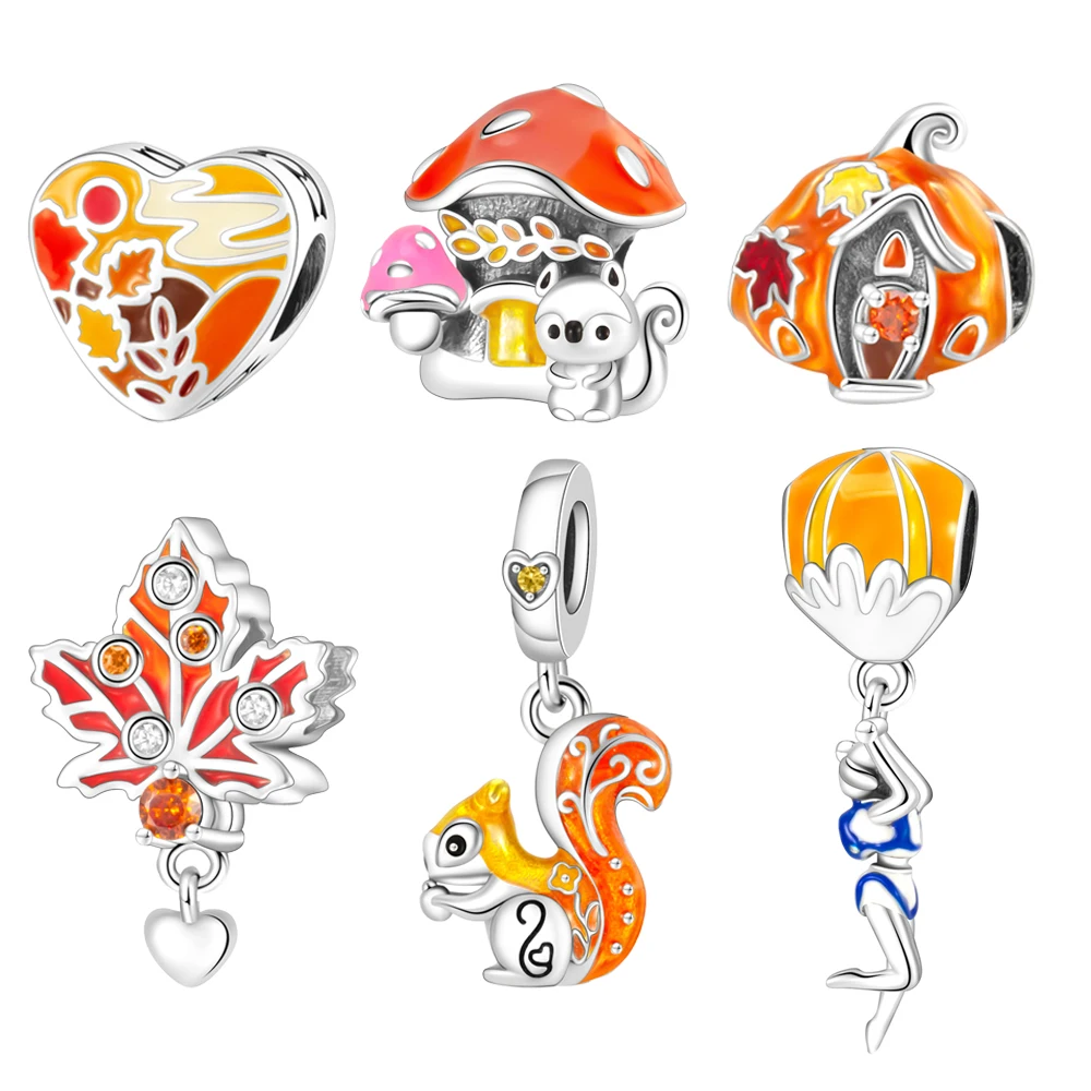 

2025 New Maple Leave,Squirrel,Mushroom House Dangle Charm Fit Original Pan Bracelet DIY Women Golden Autumn Series Jewelry Gift