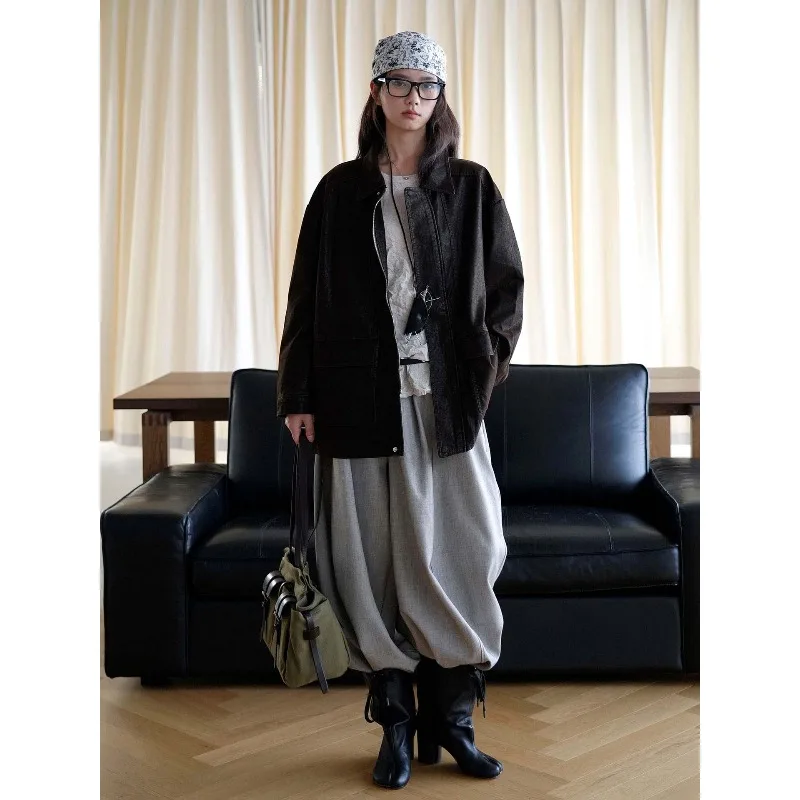 Autumn New Korean PU Leather Jacket Retro Lapel Loose Leather Jacket Fashionable Texture Women's Coat Lazy Street Feeling Top
