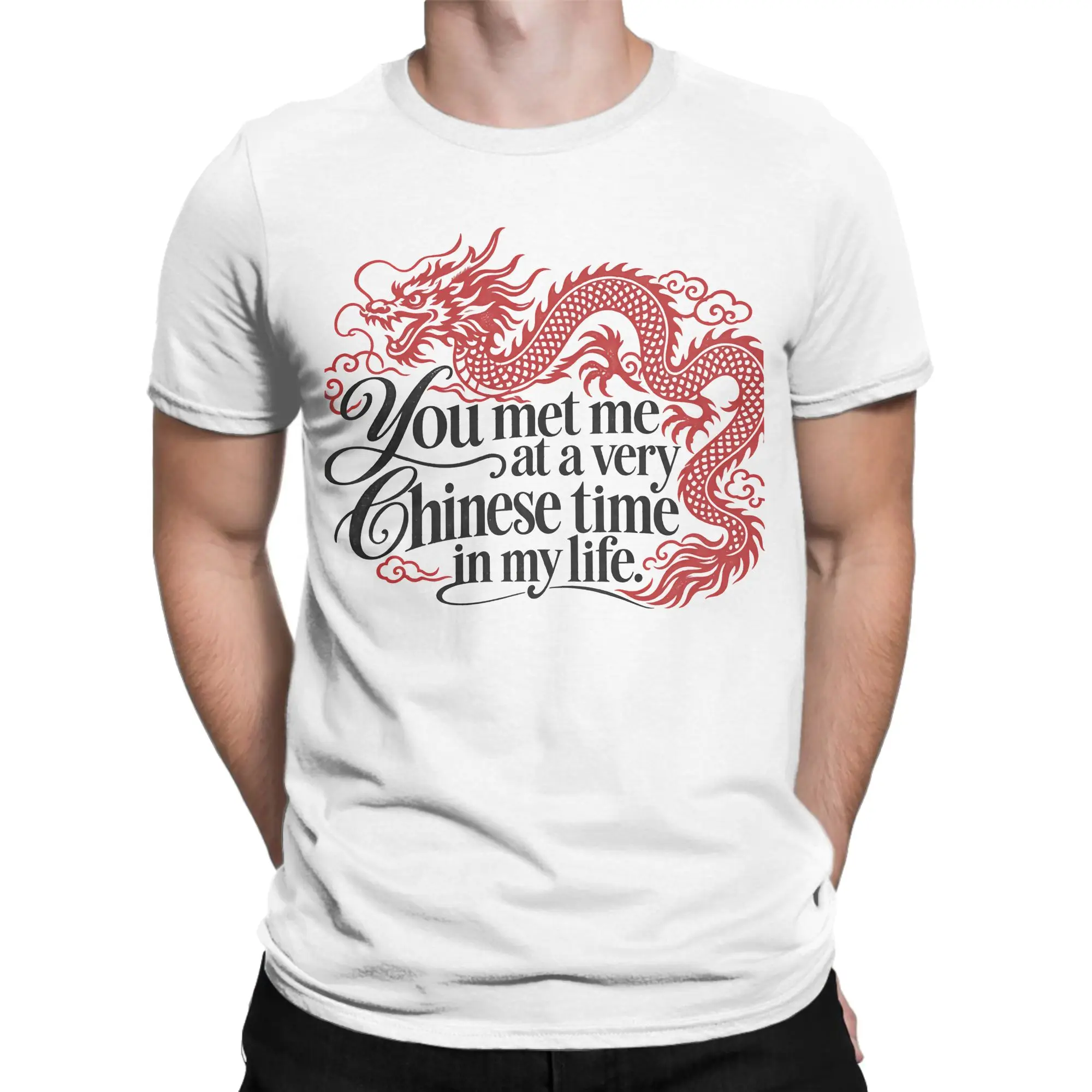 Leisure Red Asian Chinese Dragon Oriental Aesthetic T-Shirt Men Round Neck 100% Cotton T Shirt  Short Sleeve Tees Gift Clothes