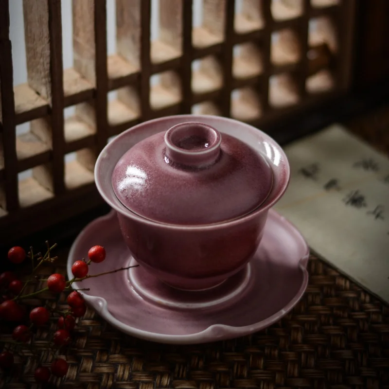 ★Handmade Plain Red Pink Tureen Large Jingdezhen Tea Cup Tea Set Ceramic Kung Fu White Porcelain Tea Making Gaiwan Tureen