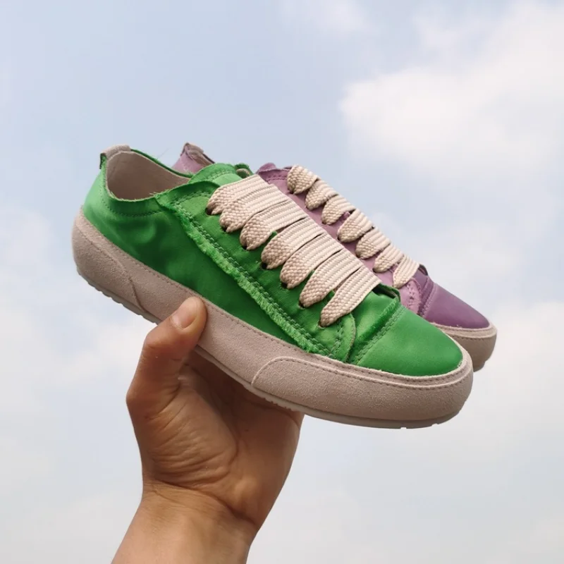 Niche Real  Satin Soft Leather Soft Bottom Candy Rainbow Color Casual Sports Canvas Sneakers Women