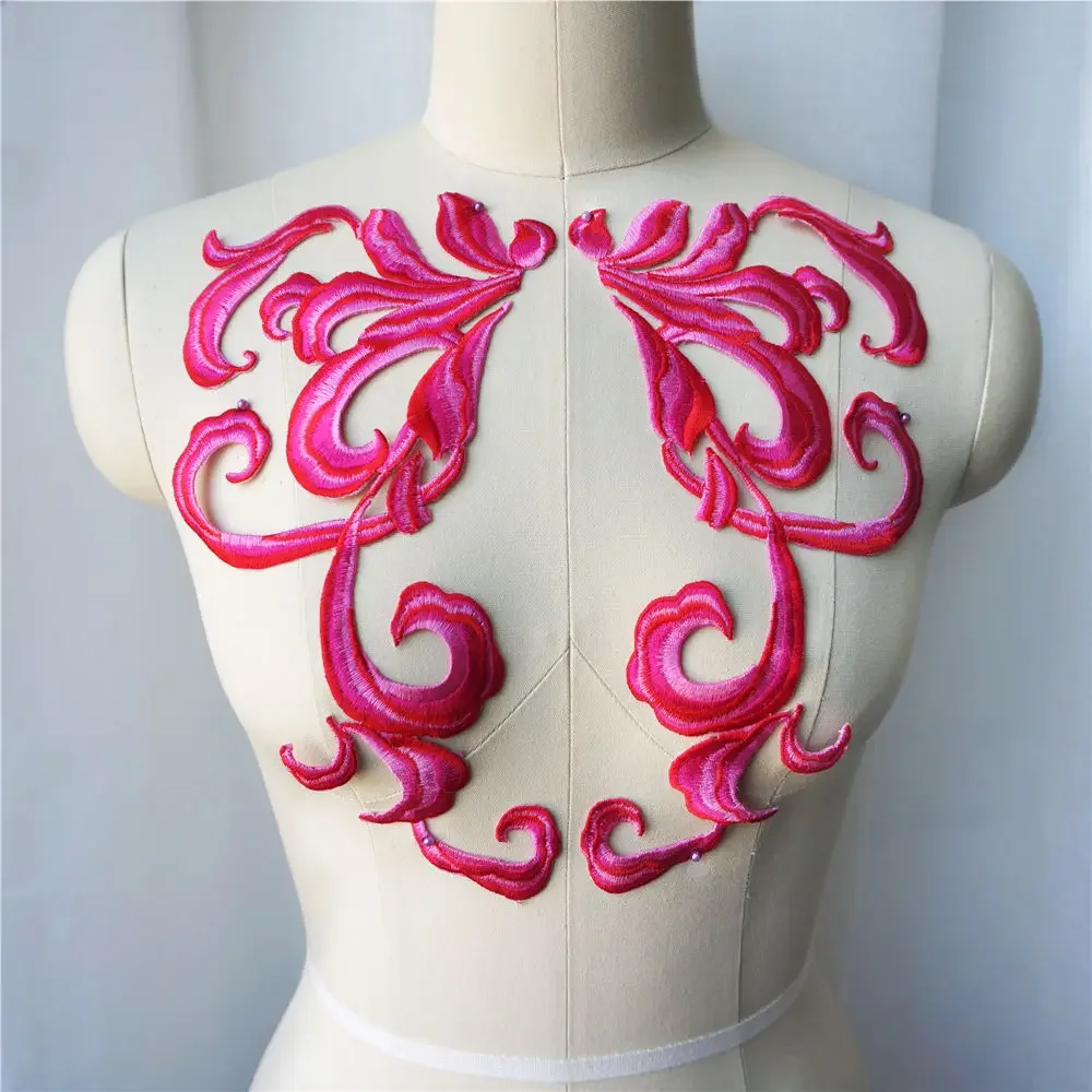 2PCS Blue Pink Orange Baroque Fabric Appliques Sew Iron On Patches Embroidered Collar For Wedding Gown Dress Decoration DIY