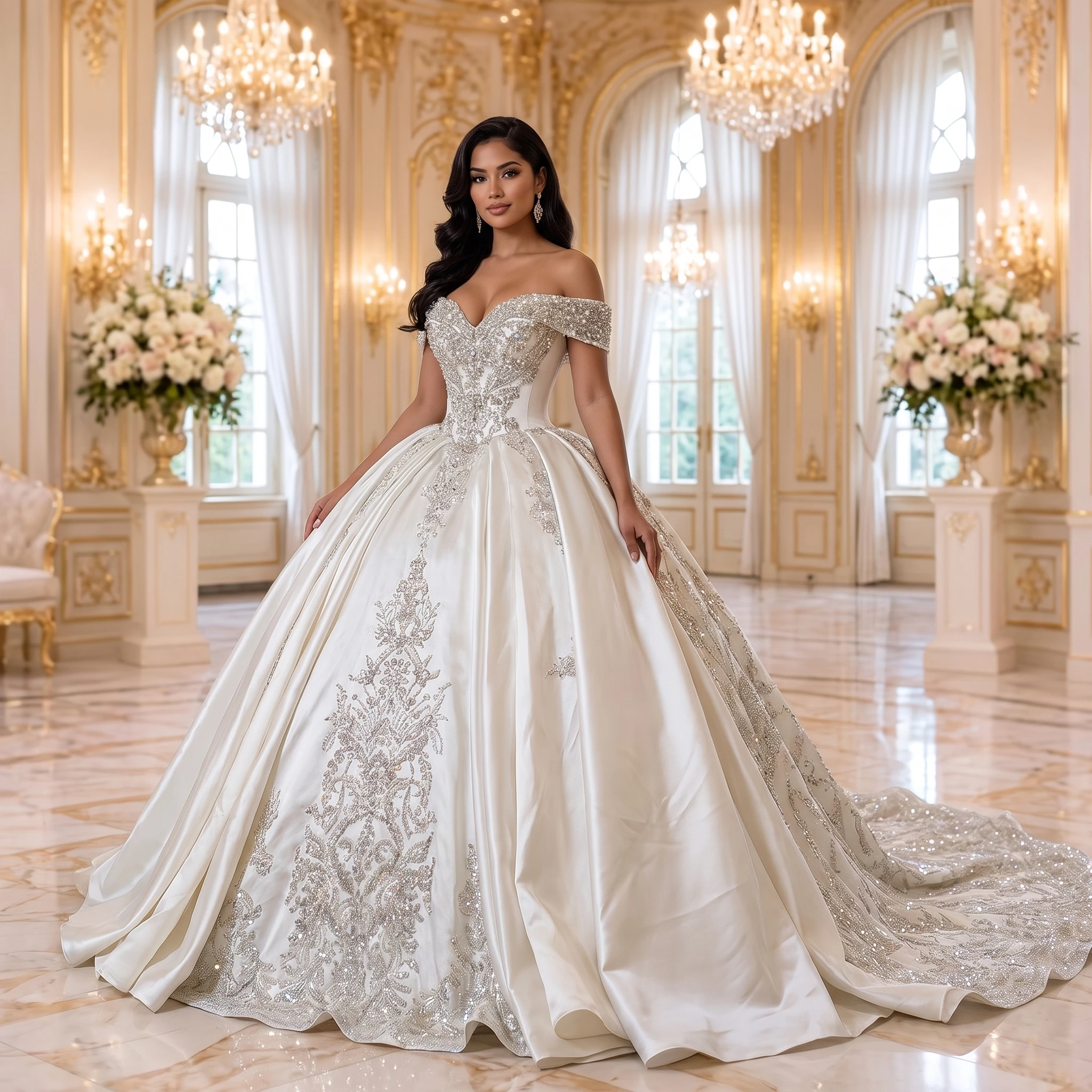 White Short Sleeved High-end Wedding Dress With Heavy Industry And Diamonds Sweetheart Stylish Customized vestidos de novia boda