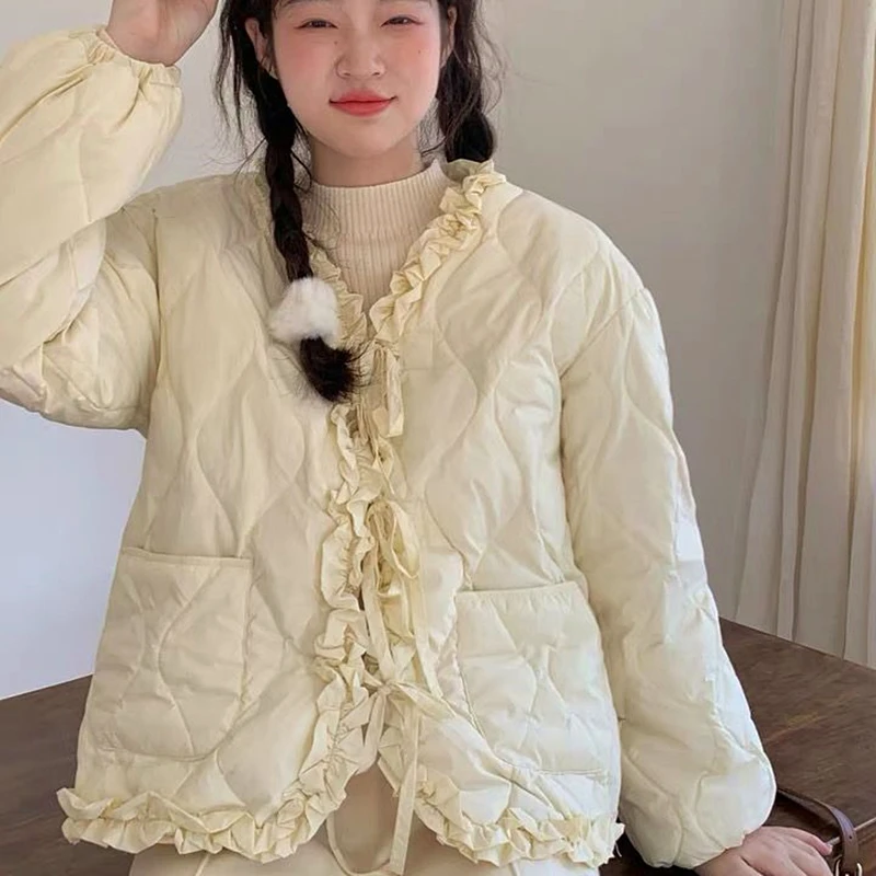 Chaqueta acolchada de algodón con volantes para niñas y estudiantes, Parkas Kawaii japonesas, color rosa, con bordes de encaje, cuello en V,