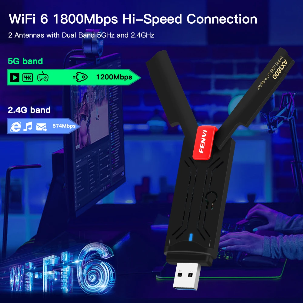 Fvi-Adaptador USB 3,0 Wifi 6, AX1800, banda Dual, 2,4G/5Ghz, Dongle inalámbrico de 1800mbps, 802.11ax, receptor WiFi para Win7 10 11