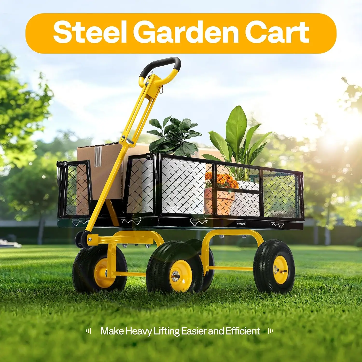 Heavy Duty Steel Garden Cart 900 LBS 4.5 Cu Ft Utility Wagon with Removable Sides 10 Inch Tire Handle Fits ATV and Tractor